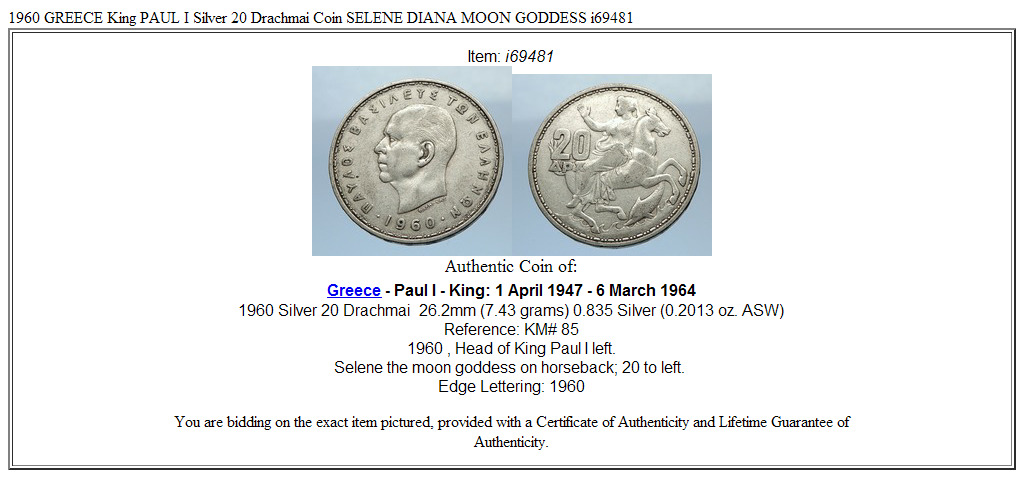 1960 GREECE King PAUL I Silver 20 Drachmai Coin SELENE DIANA MOON GODDESS i69481