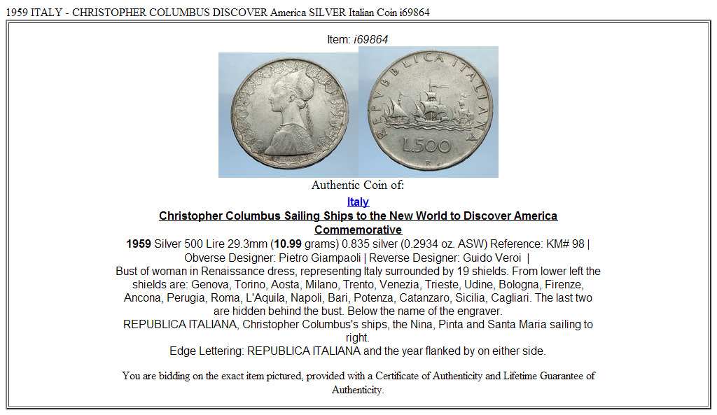 1959 ITALY - CHRISTOPHER COLUMBUS DISCOVER America SILVER Italian Coin i69864