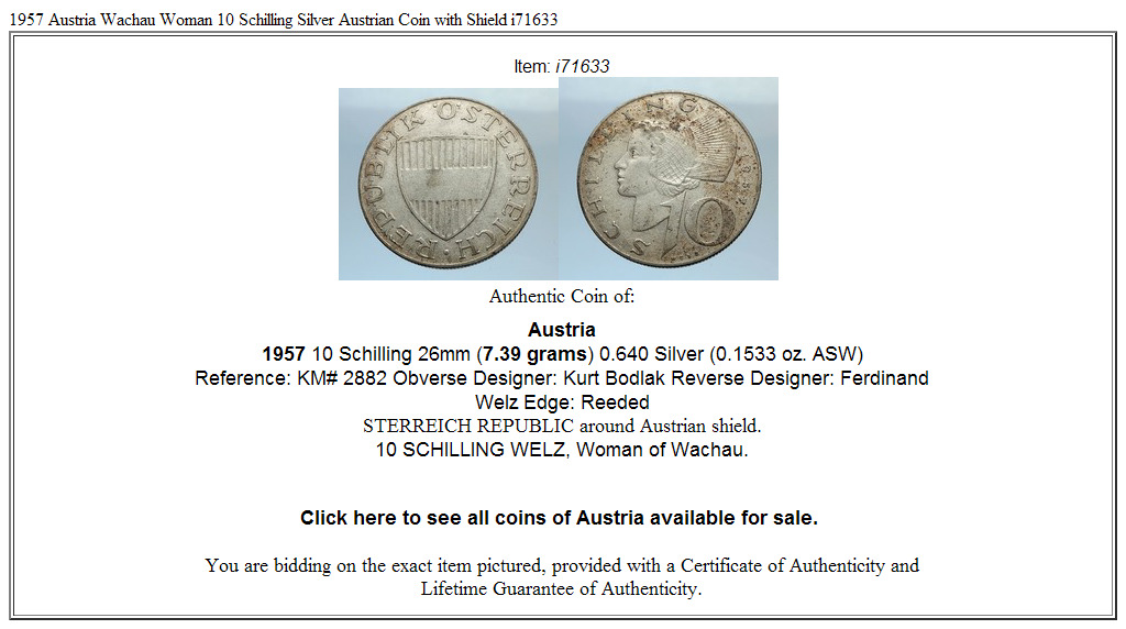 1957 Austria Wachau Woman 10 Schilling Silver Austrian Coin with Shield i71633