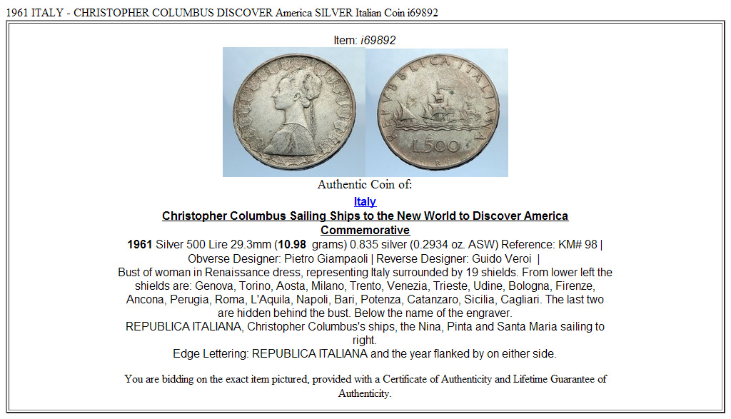 1961 ITALY - CHRISTOPHER COLUMBUS DISCOVER America SILVER Italian Coin i69892