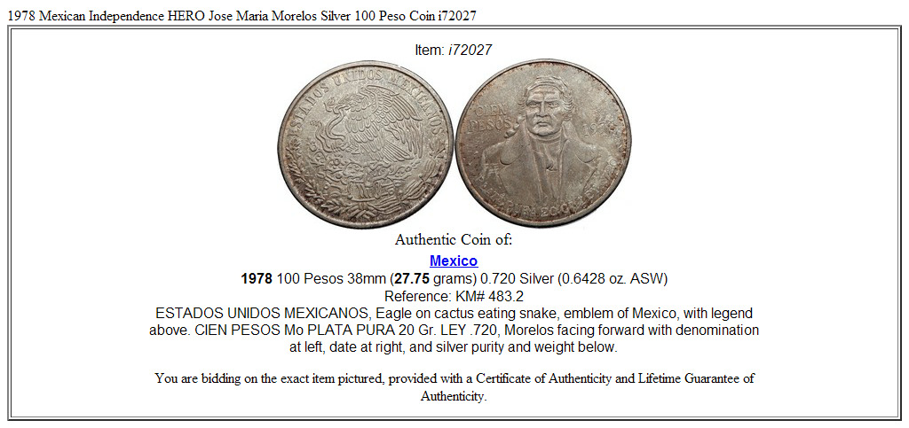 1978 Mexican Independence HERO Jose Maria Morelos Silver 100 Peso Coin i72027