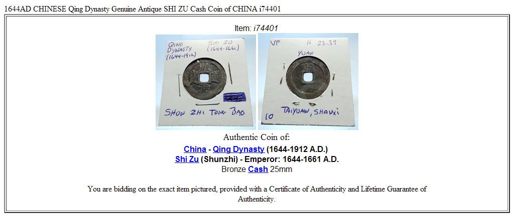 1644AD CHINESE Qing Dynasty Genuine Antique SHI ZU Cash Coin of CHINA i74401