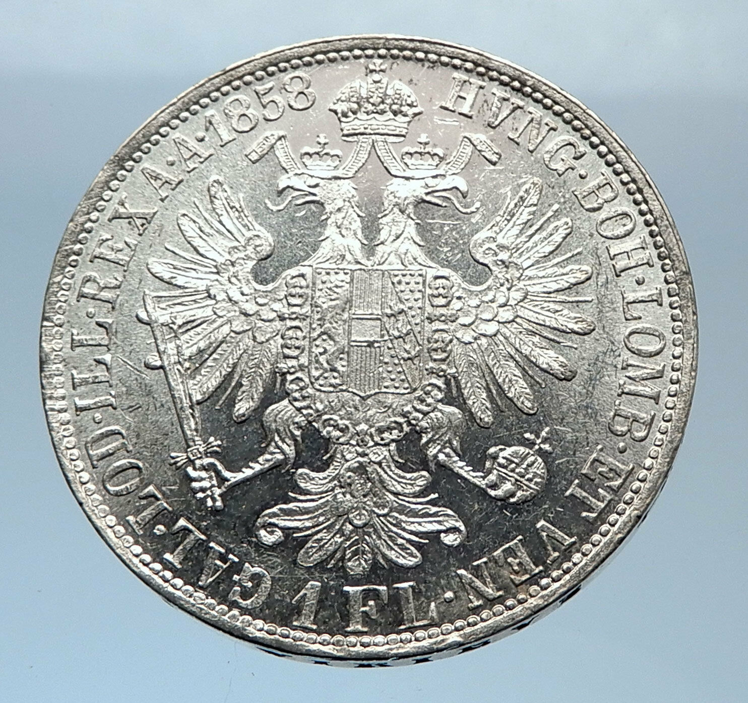 1858 Proof AUSTRIA w KING FRANZ JOSEPH I Eagle Silver Florin Vintage Coin i72420