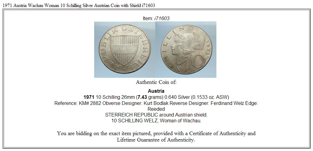 1971 Austria Wachau Woman 10 Schilling Silver Austrian Coin with Shield i71603