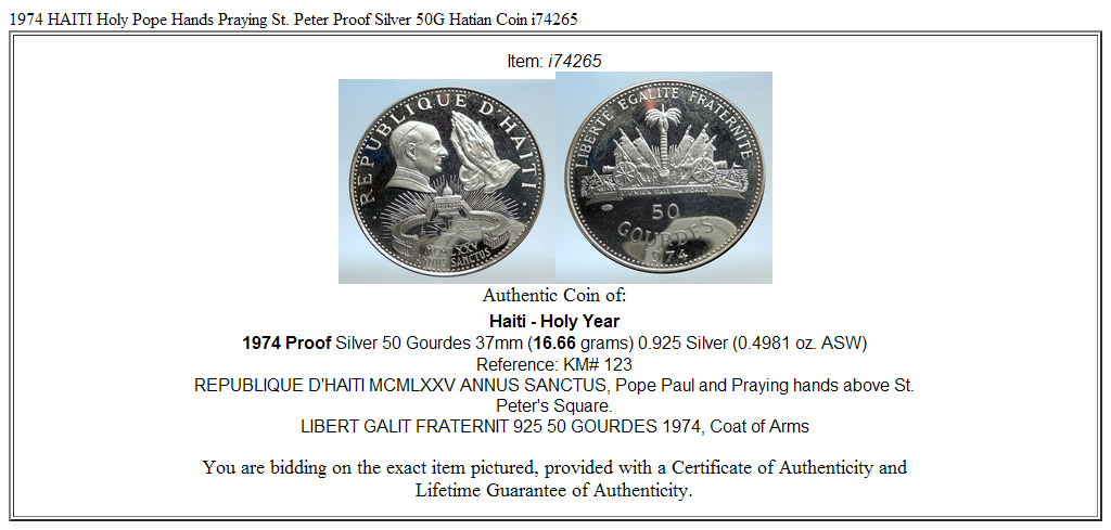 1974 HAITI Holy Pope Hands Praying St. Peter Proof Silver 50G Hatian Coin i74265