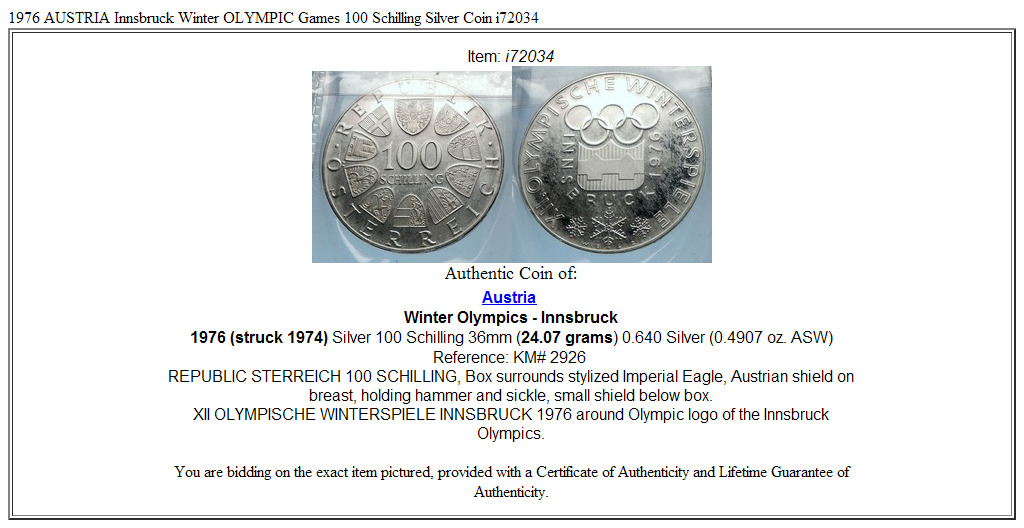 1976 AUSTRIA Innsbruck Winter OLYMPIC Games 100 Schilling Silver Coin i72034