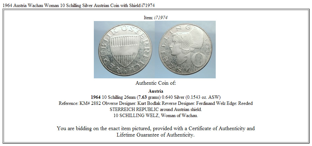 1964 Austria Wachau Woman 10 Schilling Silver Austrian Coin with Shield i71974