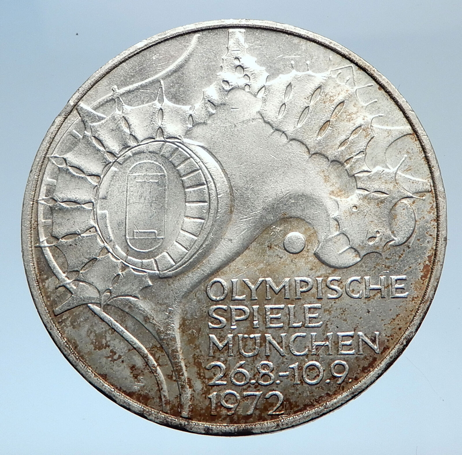 1972 Germany Munich Summer Olympic Games Stadium 10 Mark Silver Coin i74037