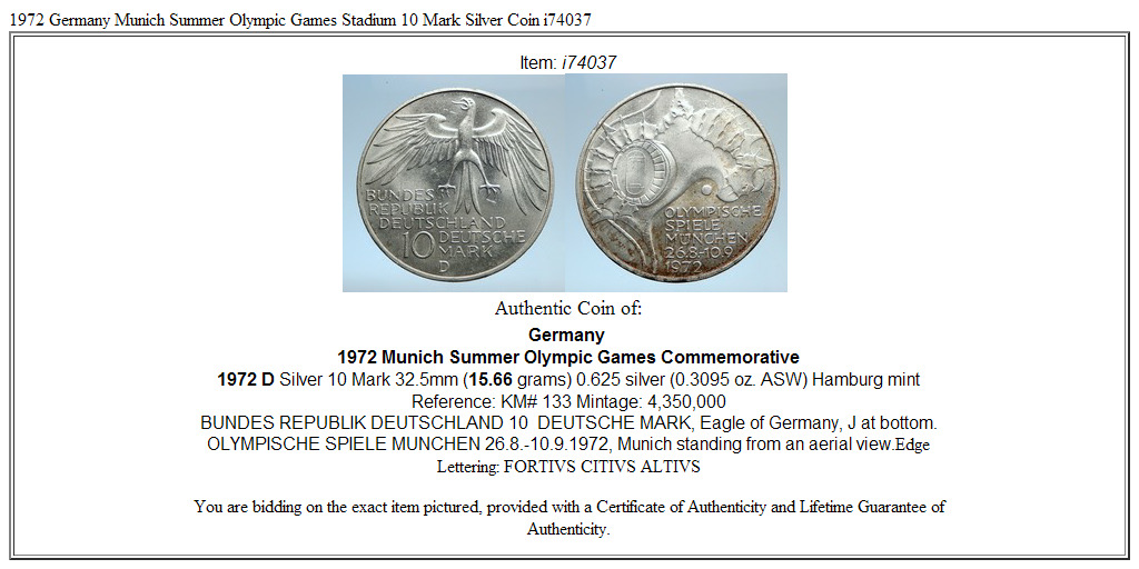 1972 Germany Munich Summer Olympic Games Stadium 10 Mark Silver Coin i74037