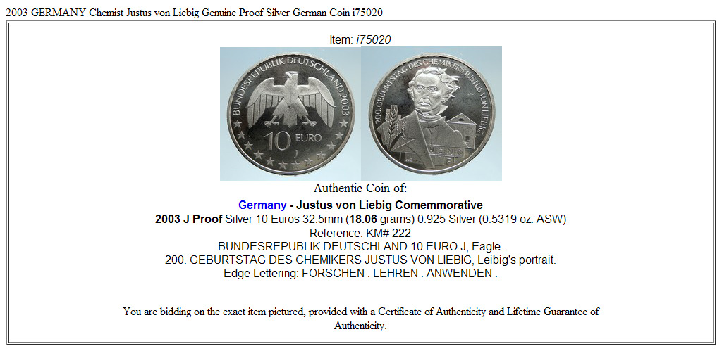 2003 GERMANY Chemist Justus von Liebig Genuine Proof Silver German Coin i75020