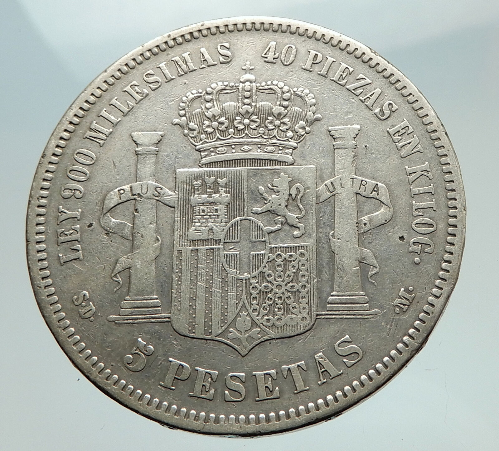 1871 SPAIN w King Amadeo I Amadeus Antique Silver 5 Pesetas Spanish Coin i74763