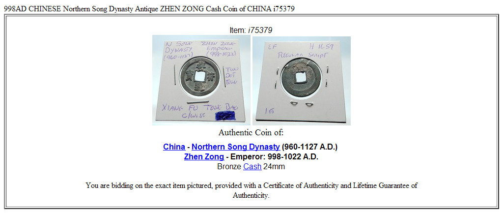 998AD CHINESE Northern Song Dynasty Antique ZHEN ZONG Cash Coin of CHINA i75379