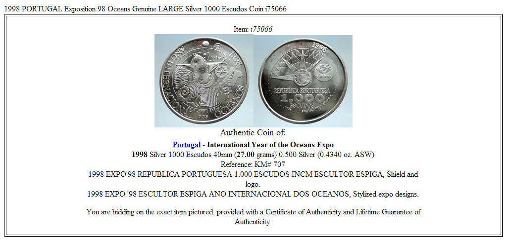 1998 PORTUGAL Exposition 98 Oceans Genuine LARGE Silver 1000 Escudos Coin i75066