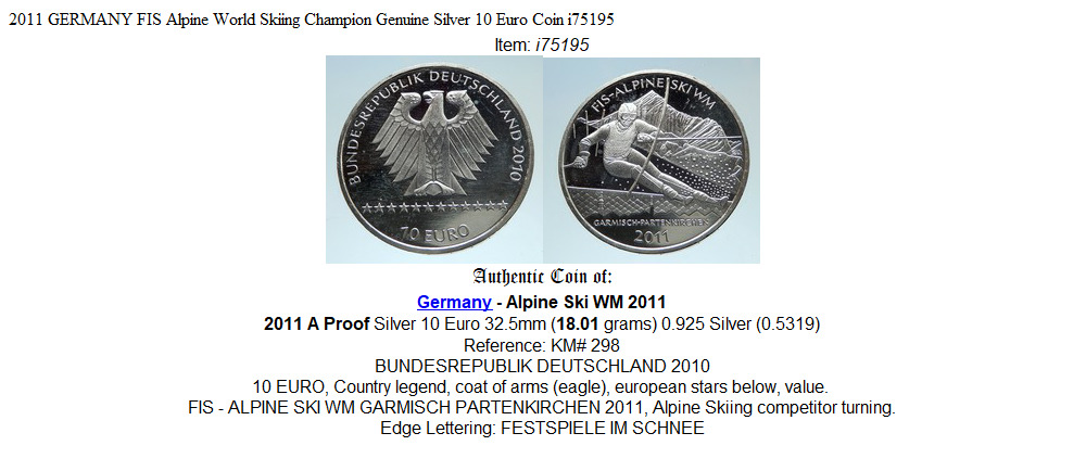 2011 GERMANY FIS Alpine World Skiing Champion Genuine Silver 10 Euro Coin i75195