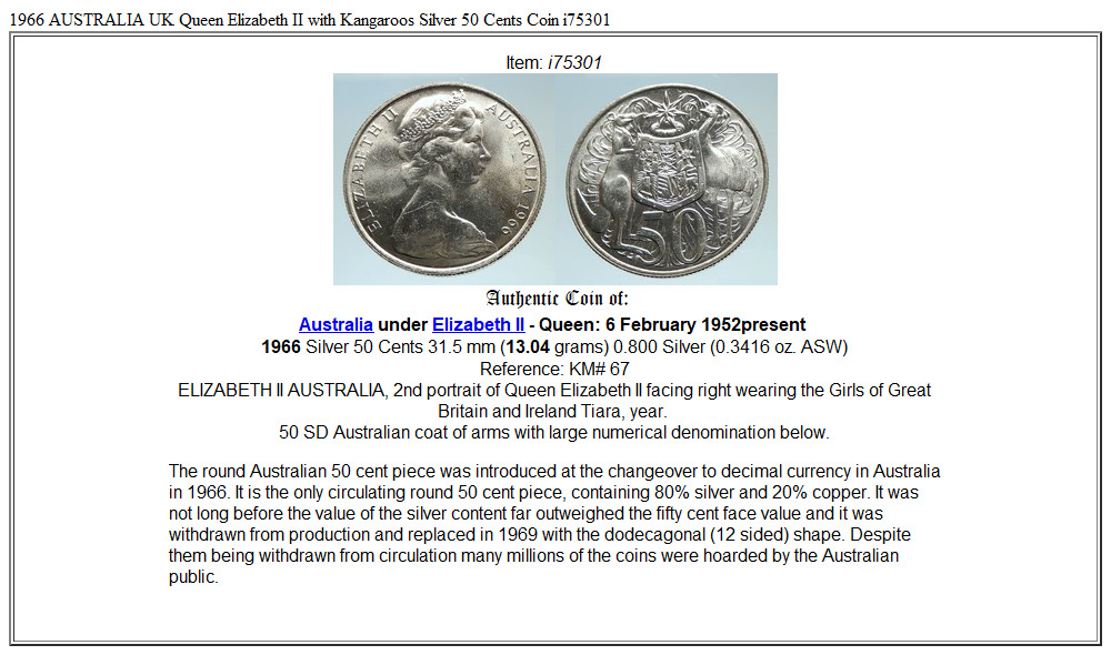 1966 AUSTRALIA UK Queen Elizabeth II with Kangaroos Silver 50 Cents Coin i75301