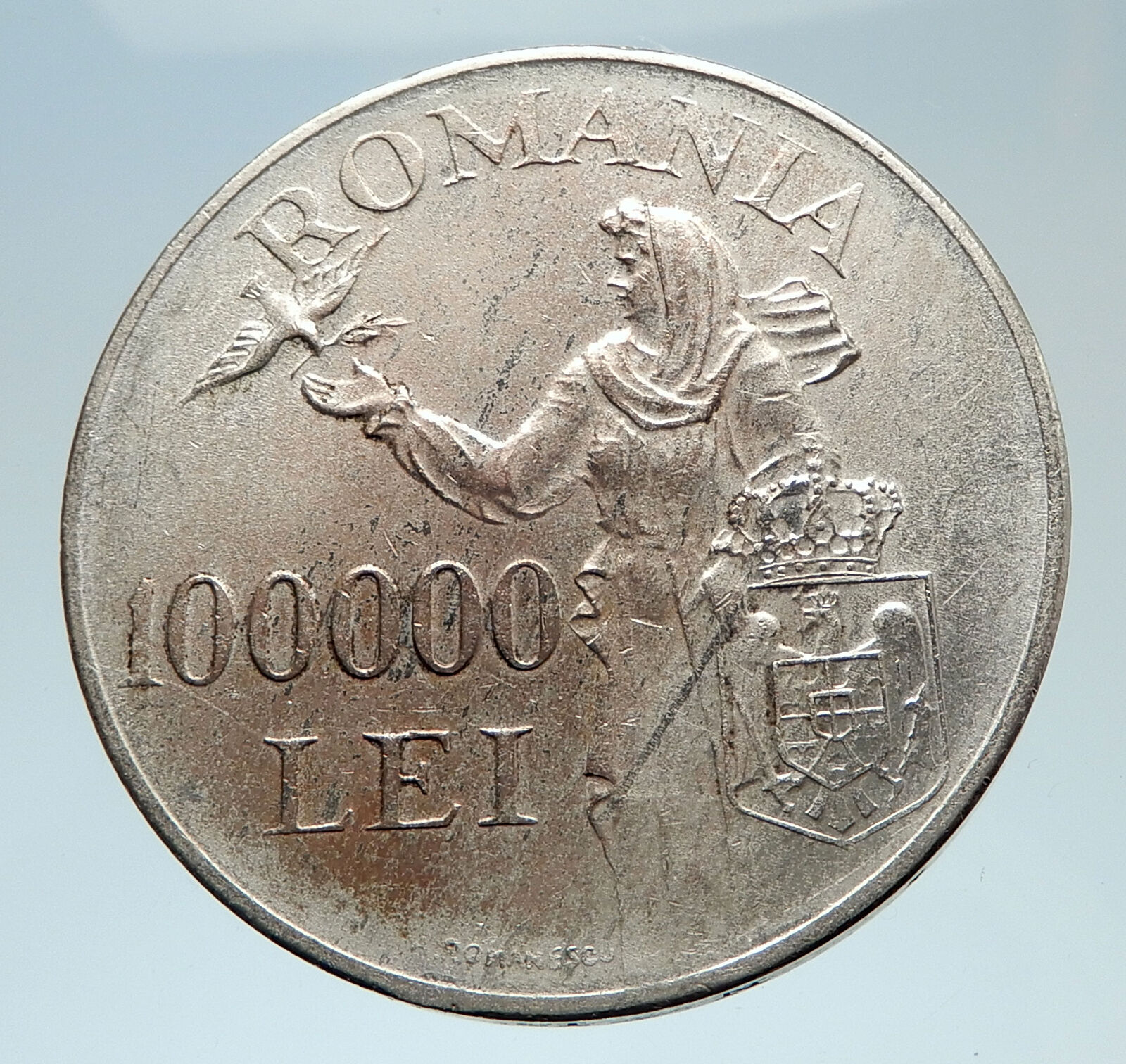 1946 ROMANIA Michael I Romanian Lady & Bird Antique Genuine Silver Coin i75302