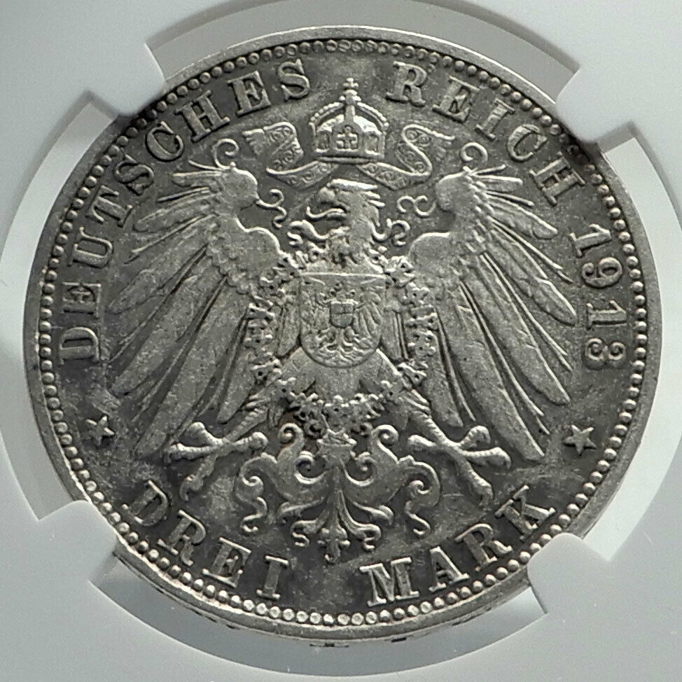 1913 GERMANY German States BAVARIA King OTTO Silver 3 Mark Coin NGC i79716