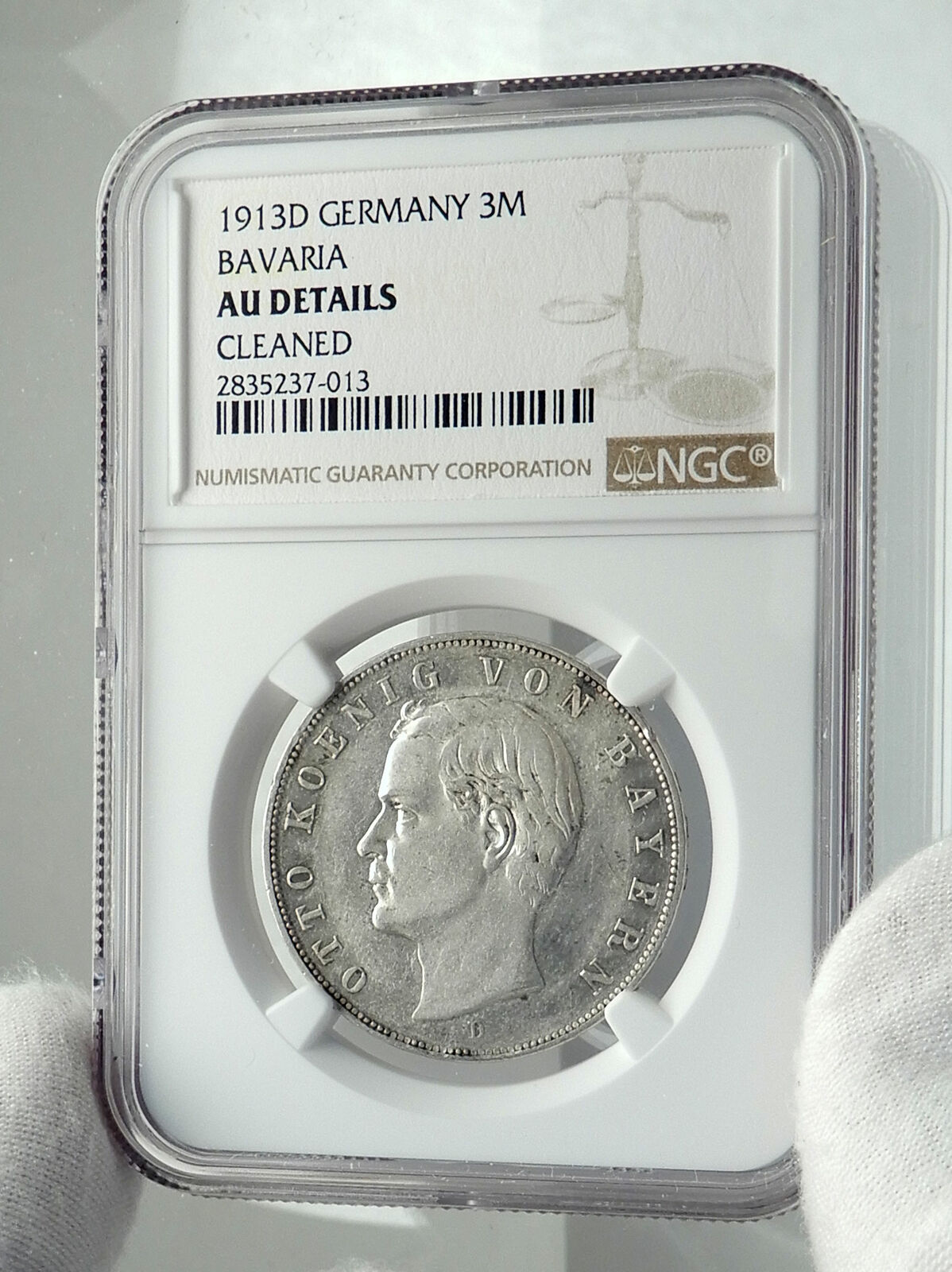 1913 GERMANY German States BAVARIA King OTTO Silver 3 Mark Coin NGC i79716