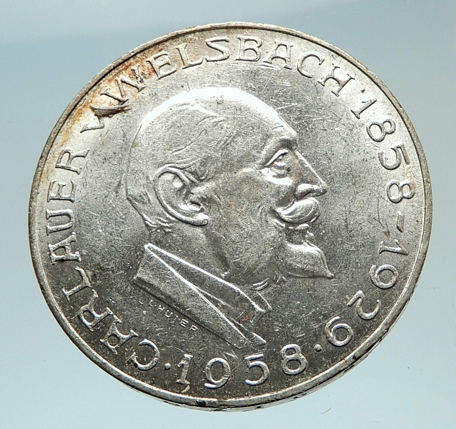 1958 AUSTRIA Chemist Auer von Welsbach Antique Silver 25 Schilling Coin i75391