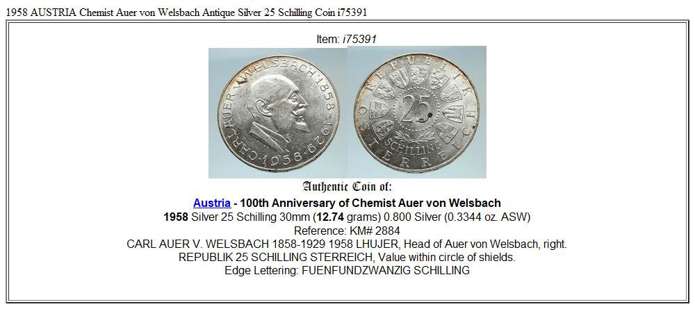 1958 AUSTRIA Chemist Auer von Welsbach Antique Silver 25 Schilling Coin i75391