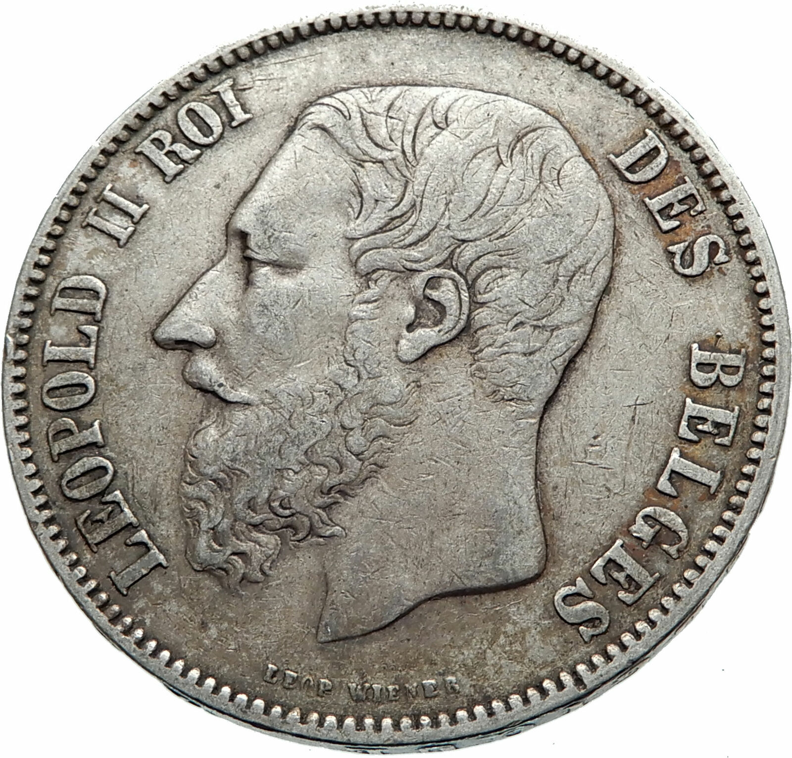 1873 BELGIUM with King LEOPOLD II and LION Genuine Silver 5 Francs Coin i75396