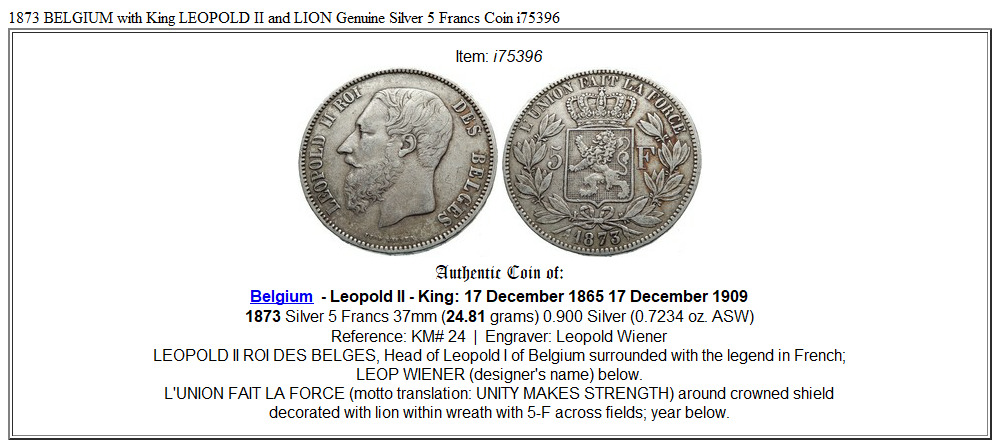 1873 BELGIUM with King LEOPOLD II and LION Genuine Silver 5 Francs Coin i75396