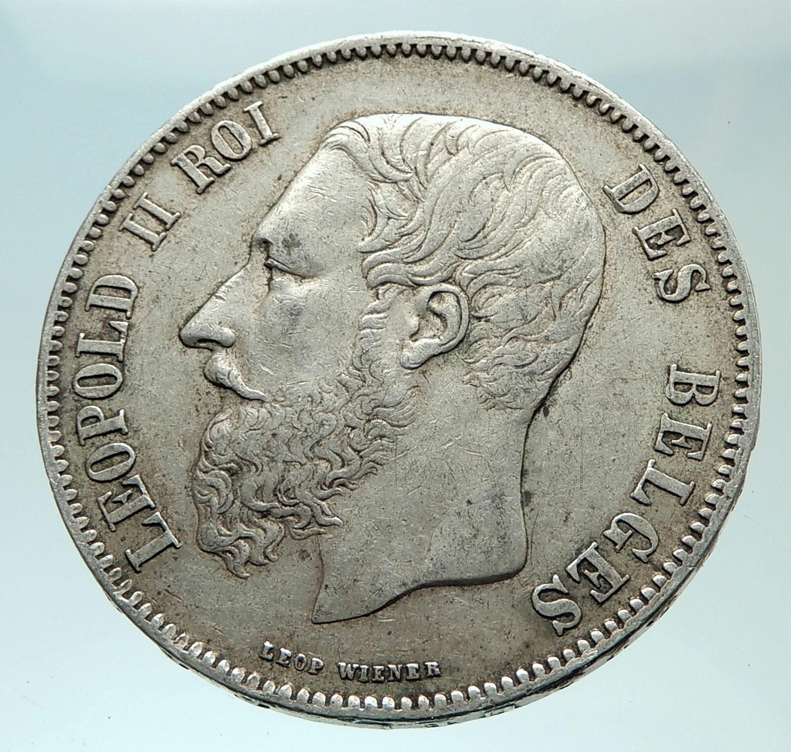 1869 BELGIUM with King LEOPOLD II and LION Genuine Silver 5 Francs Coin i75943