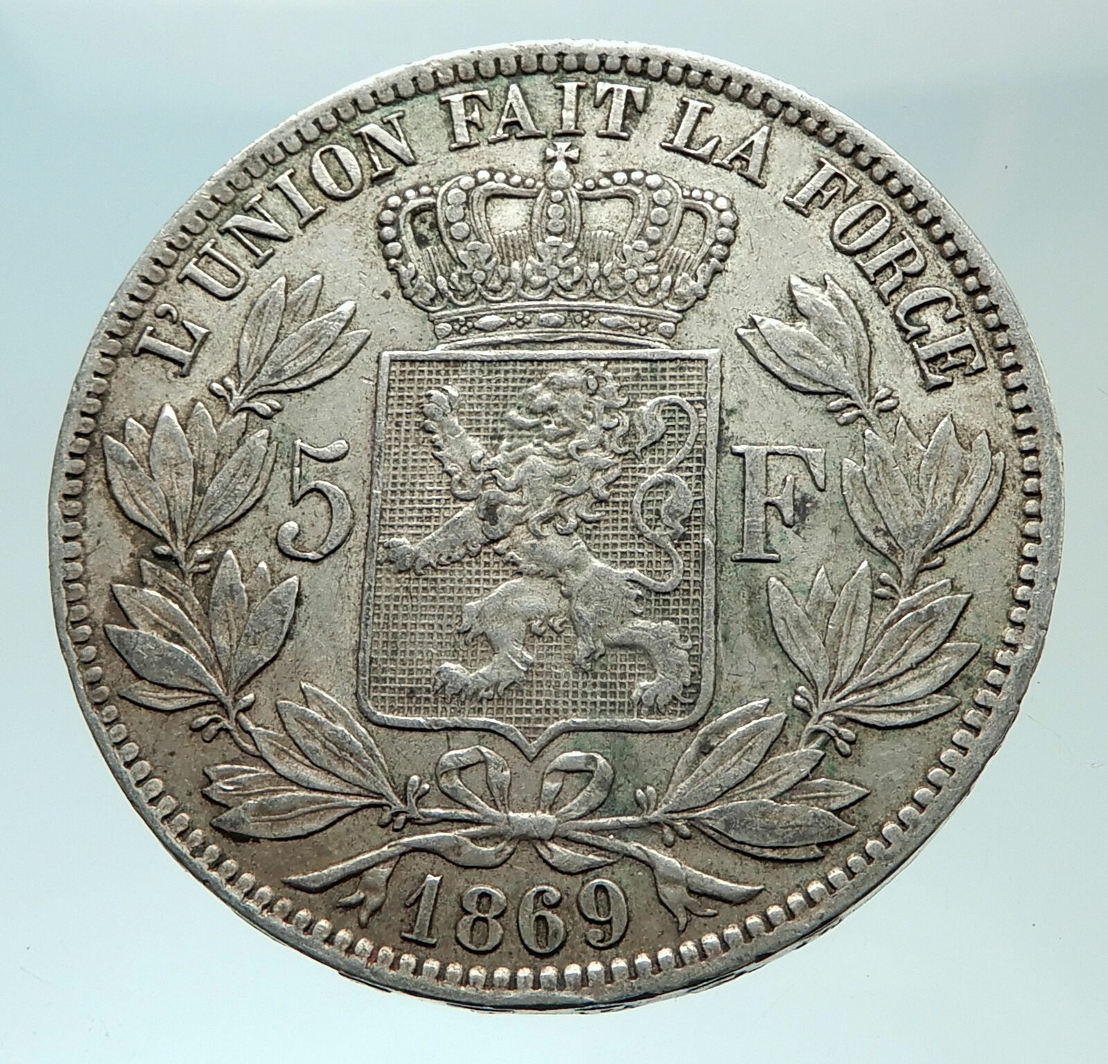 1869 BELGIUM with King LEOPOLD II and LION Genuine Silver 5 Francs Coin i75943