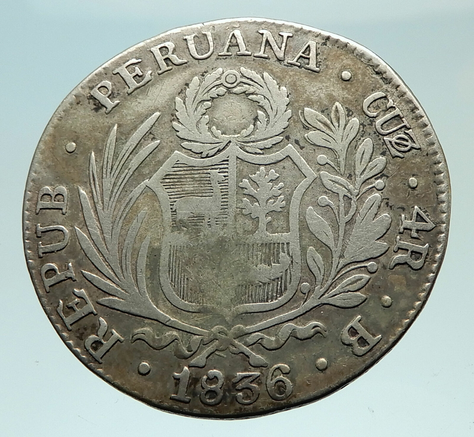 1836B PERU South America Antique LIBERY COAT of ARMS Silver 4 Reales Coin i76017