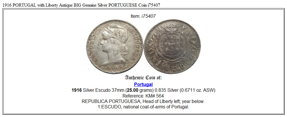 1916 PORTUGAL with Liberty Antique BIG Genuine Silver PORTUGUESE Coin i75407