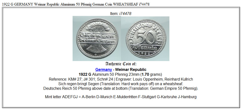 1922 G GERMANY Weimar Republic Aluminum 50 Pfennig German Coin WHEATSHEAF i74478