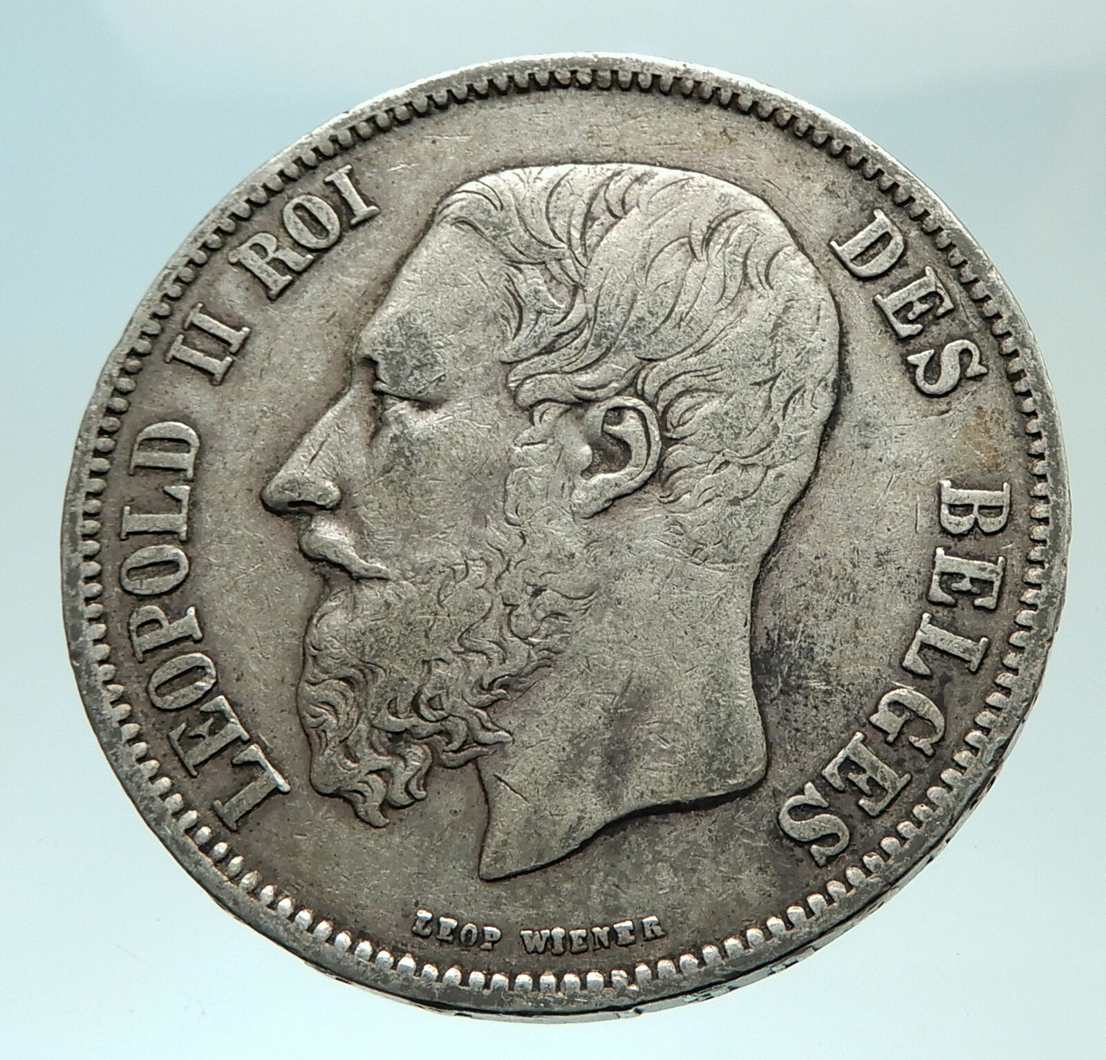 1869 BELGIUM with King LEOPOLD II and LION Genuine Silver 5 Francs Coin i75944