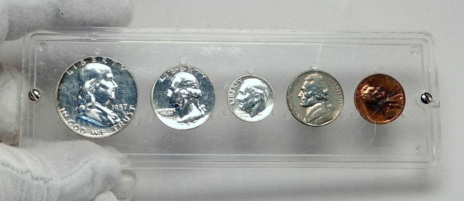 1957 UNITED STATES US Half Dollar Quarter Dime PFLike 5 Coin Set 3 Silver i79871
