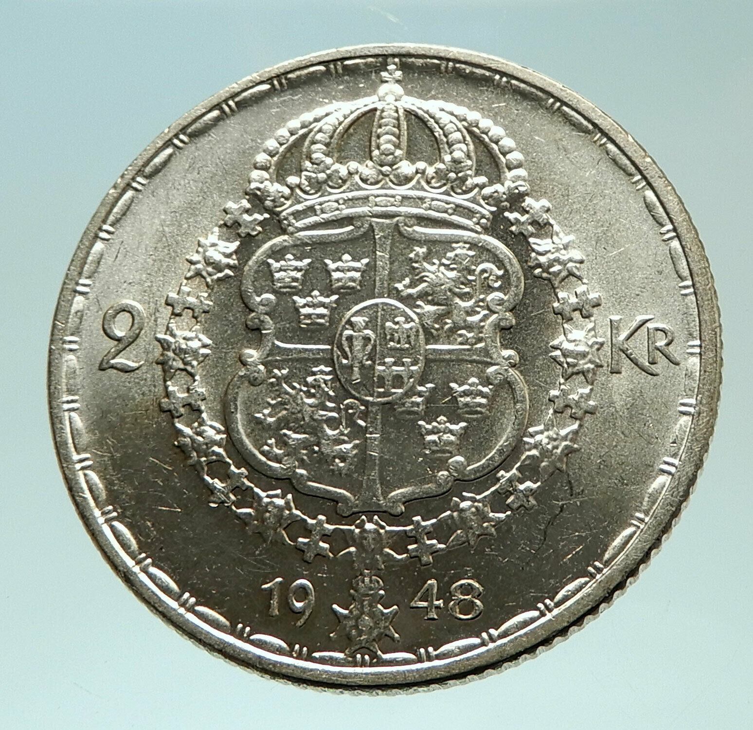 1948 Sweden GUSTAF V Crowned ARMS Vintage Genuine Silver 2 Kronor Coin i75961