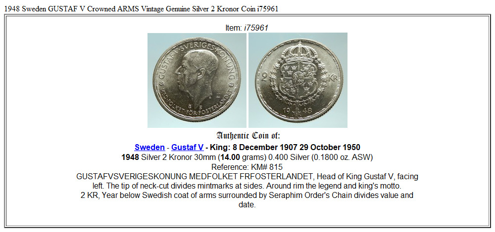 1948 Sweden GUSTAF V Crowned ARMS Vintage Genuine Silver 2 Kronor Coin i75961