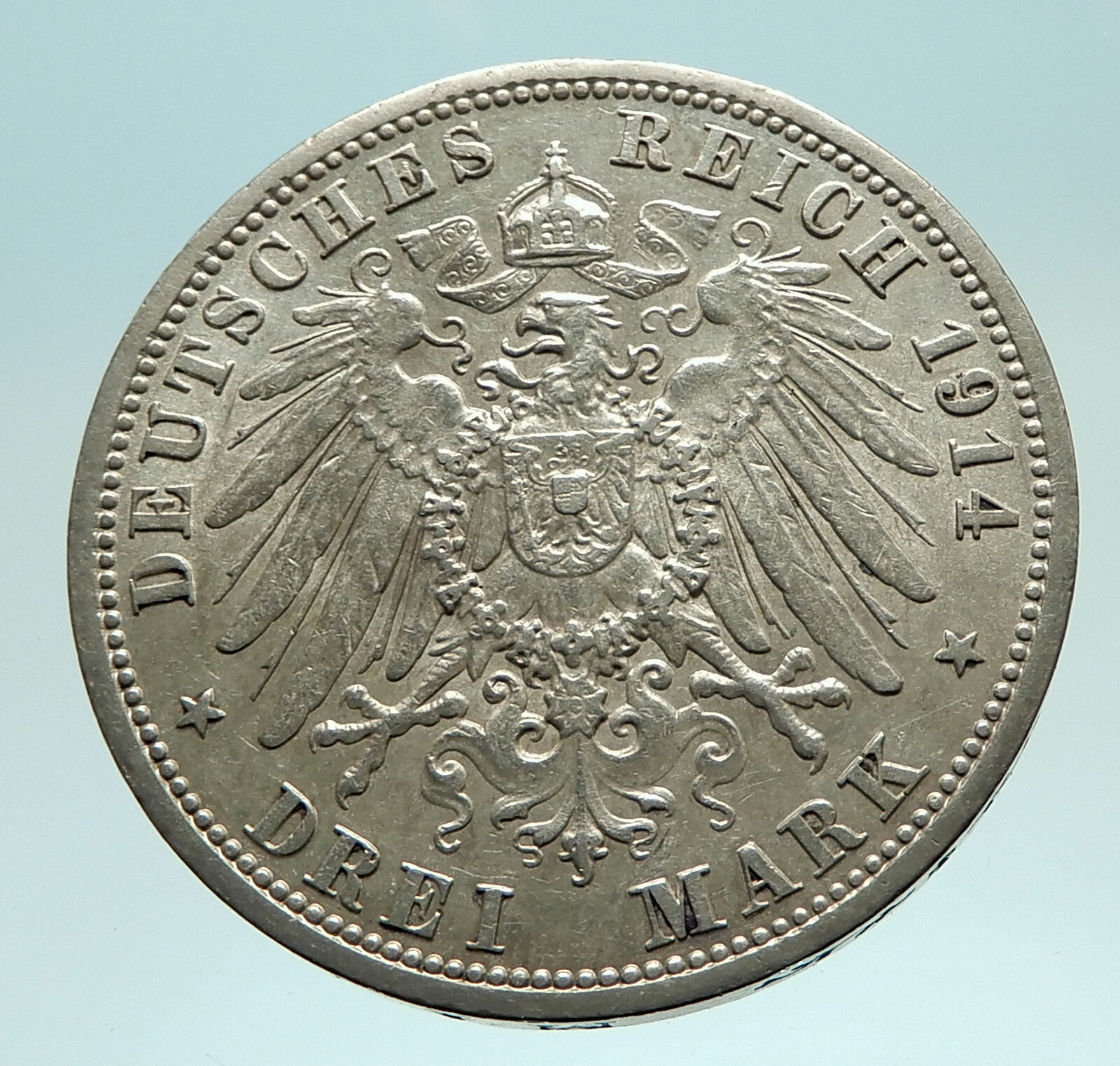 1914 GERMANY GERMAN STATES PRUSSIA WILHELM II Genuine Silver 3 Mark Coin i76109