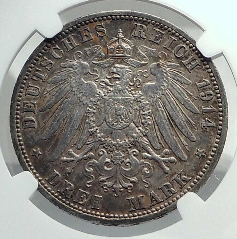 1914 GERMANY GERMAN STATES PRUSSIA WILHELM II Genuine Silver 3M Coin NGC i79824