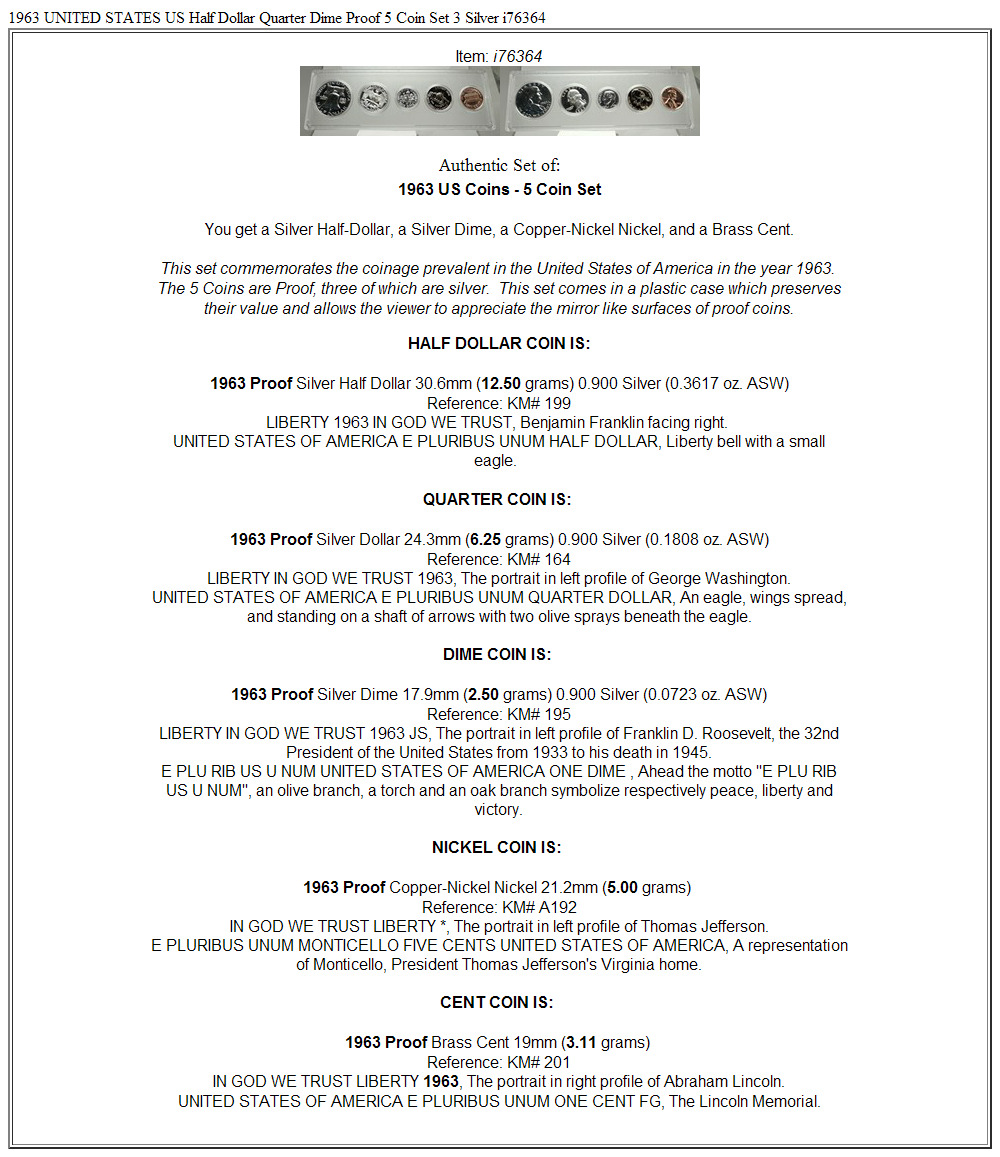 1963 UNITED STATES US Half Dollar Quarter Dime Proof 5 Coin Set 3 Silver i76364