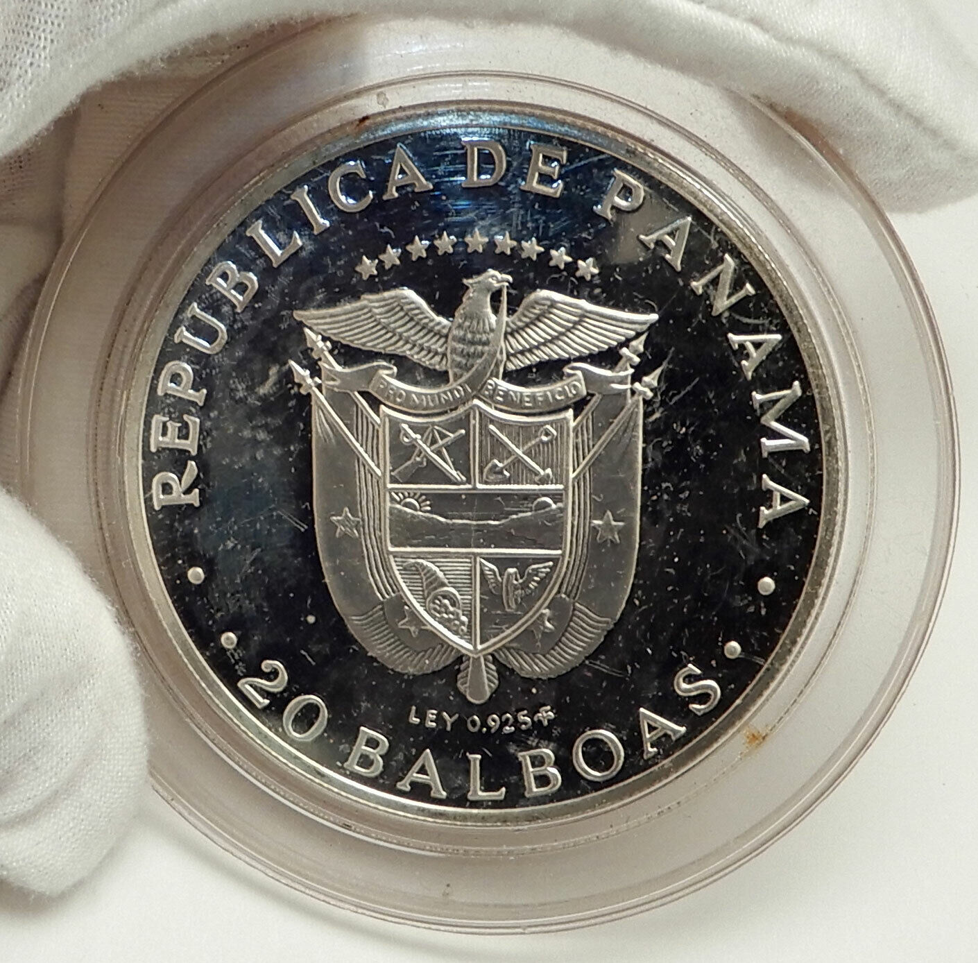 1975 PANAMA Huge 6.2cm Proof Silver 3.8oz 20 Balboas Coin w SIMON BOLIVAR i76339