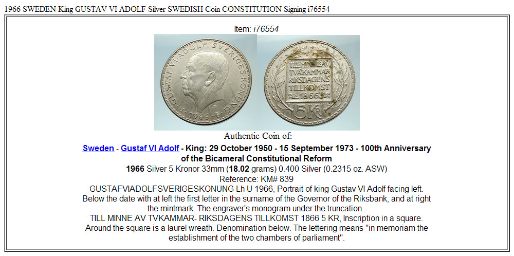 1966 SWEDEN King GUSTAV VI ADOLF Silver SWEDISH Coin CONSTITUTION Signing i76554