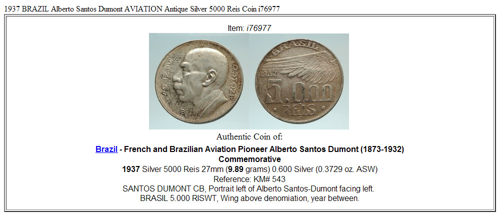 1937 BRAZIL Alberto Santos Dumont AVIATION Antique Silver 5000 Reis Coin i76977