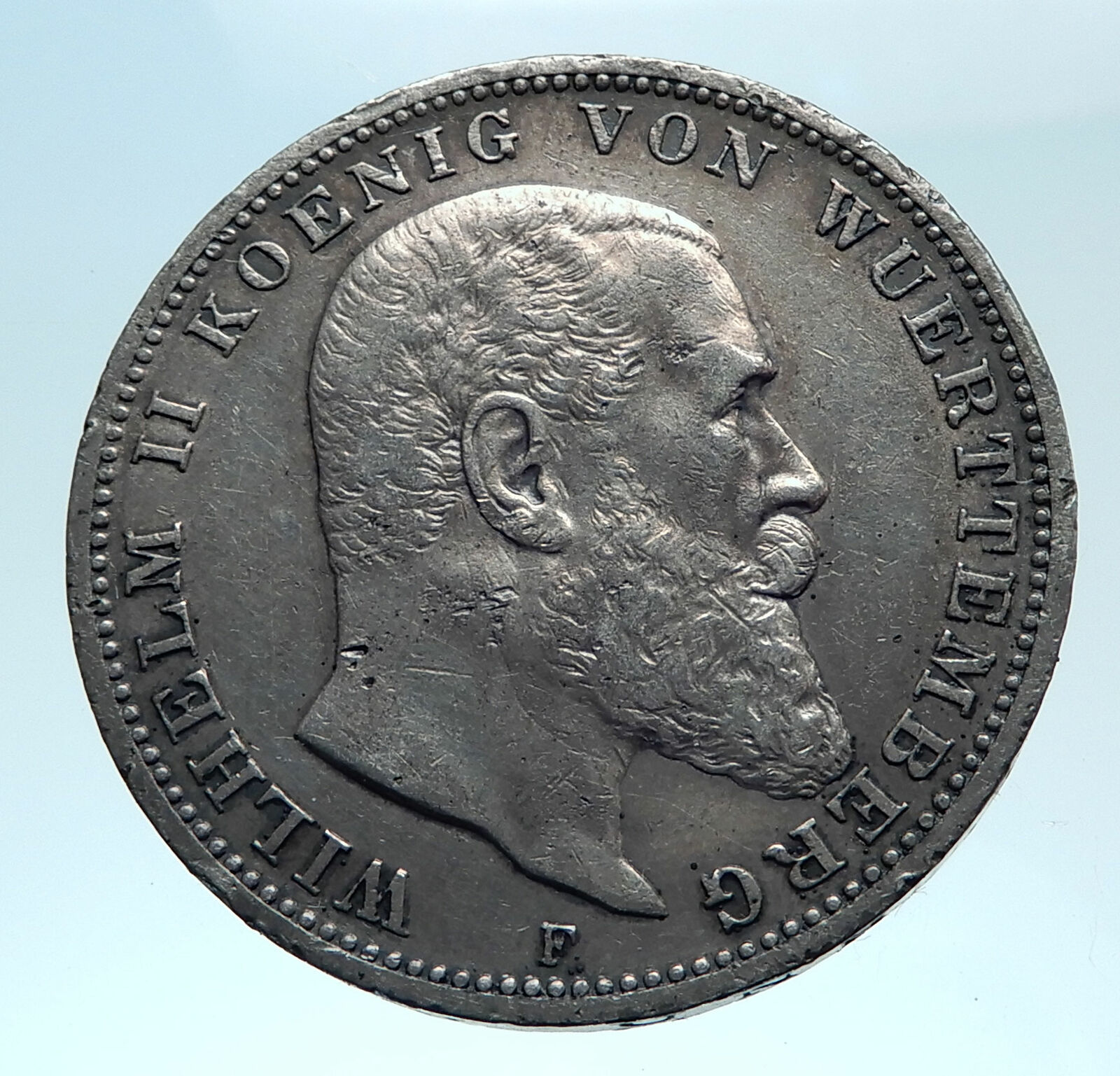1914 F Germany GERMAN STATES Wurttemberg w WILHELM II Genuine Silver Coin i78243