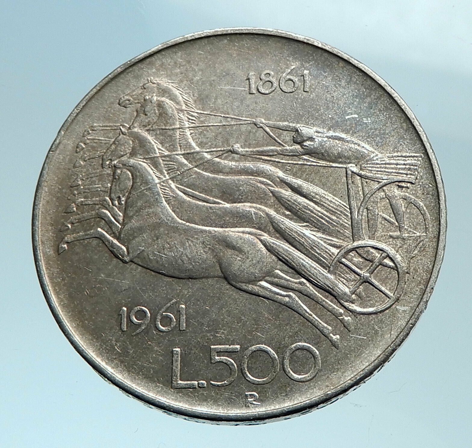 1961 ITALY Silver 500 Lire Coin ITALIAN UNIFICATION Rome Capital CHARIOT i78329