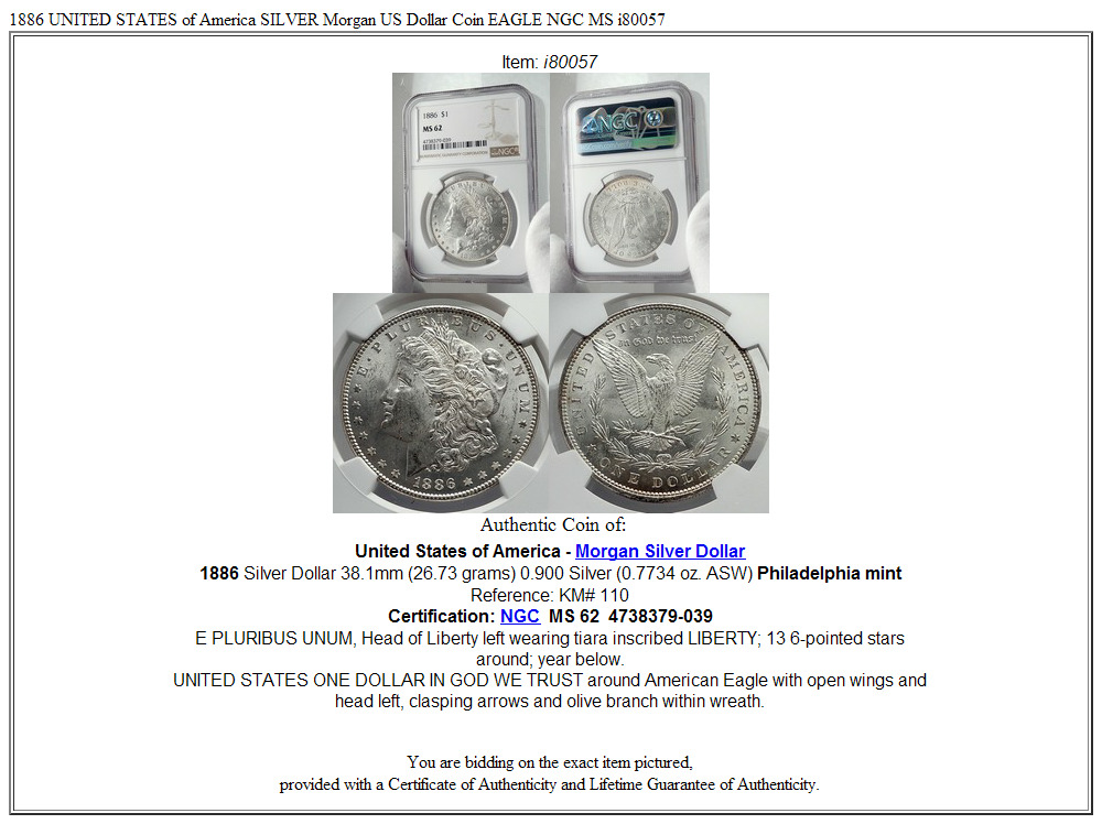 1886 UNITED STATES of America SILVER Morgan US Dollar Coin EAGLE NGC MS i80057