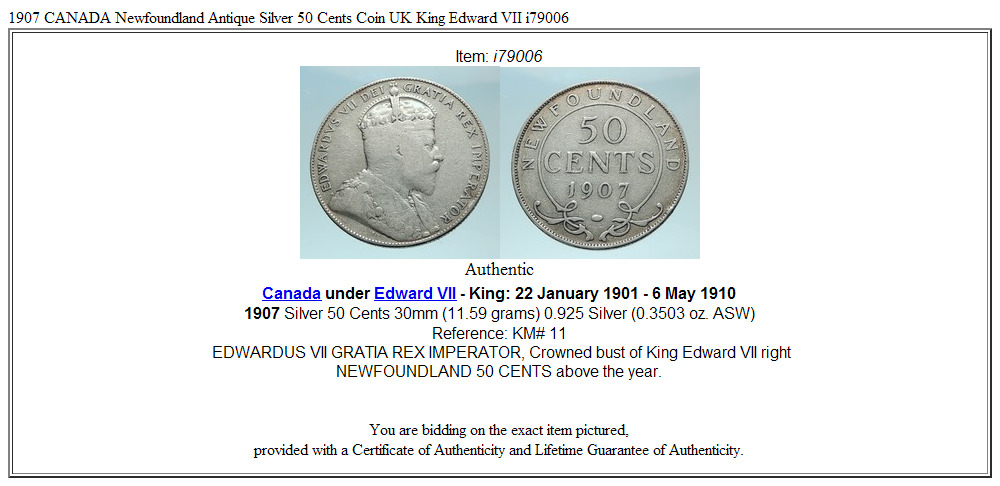 1907 CANADA Newfoundland Antique Silver 50 Cents Coin UK King Edward VII i79006