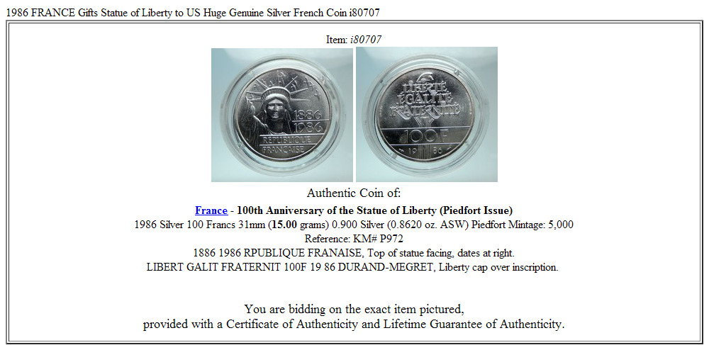 1986 FRANCE Gifts Statue of Liberty to US Huge Genuine Silver French Coin i80707