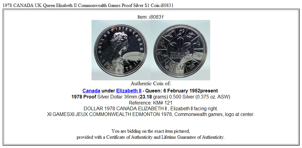 1978 CANADA UK Queen Elizabeth II Commonwealth Games Proof Silver $1 Coin i80831