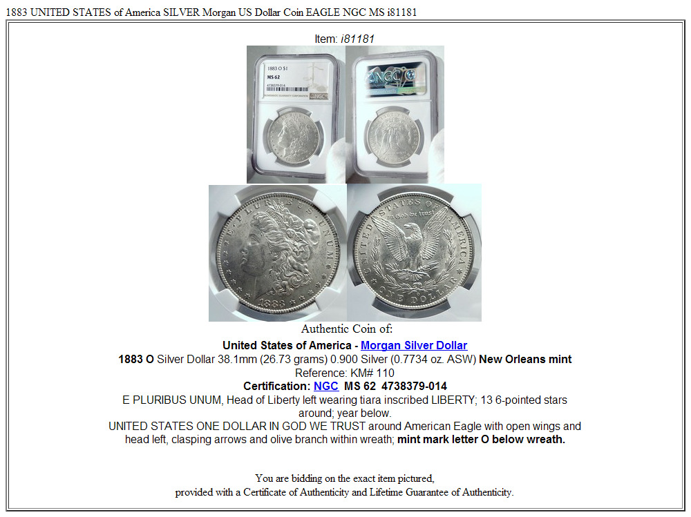 1883 UNITED STATES of America SILVER Morgan US Dollar Coin EAGLE NGC MS i81181