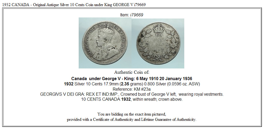 1932 CANADA - Original Antique Silver 10 Cents Coin under King GEORGE V i79669