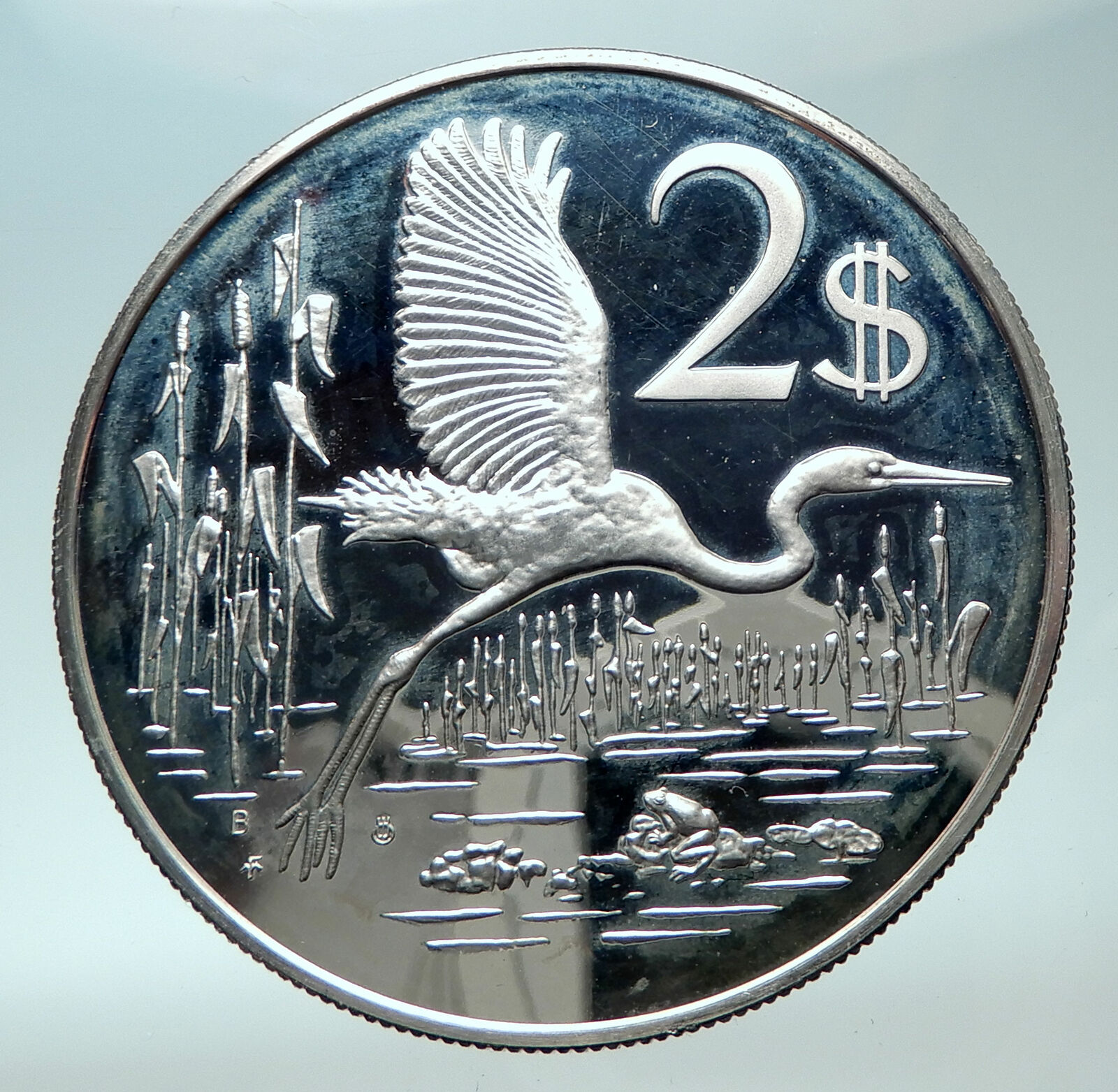 1979 CAYMAN ISLANDS 4.0cm Proof Silver $2 Coin GREAT BLUE HERON BIRD i82007
